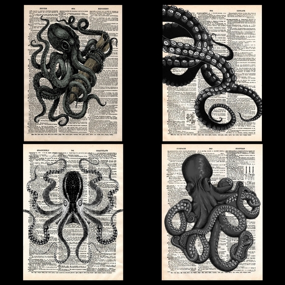 Black Octopus Dictionary Book Page Art - Picture 1 of 1